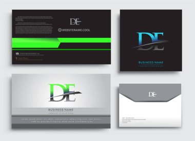 Temiz ve basit bir modern iş kartı şablonu, ilk harf DE logotype şirket adı mavi ve yeşil renkte Swoosh tasarımı. İş kimliği, Kırtasiye Tasarımı için vektör ayarları.