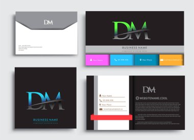 Temiz ve basit bir modern iş kartı şablonu. İlk harfi DM logotype şirketi. Adı mavi ve yeşil renkte. İş kimliği, Kırtasiye Tasarımı için vektör ayarları.
