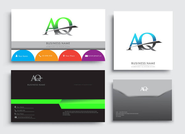 Clean and simple modern Business Card Template, with initial letter AQ logotype company name colored blue and green swoosh design. Vector sets for business identity, Stationery Design.