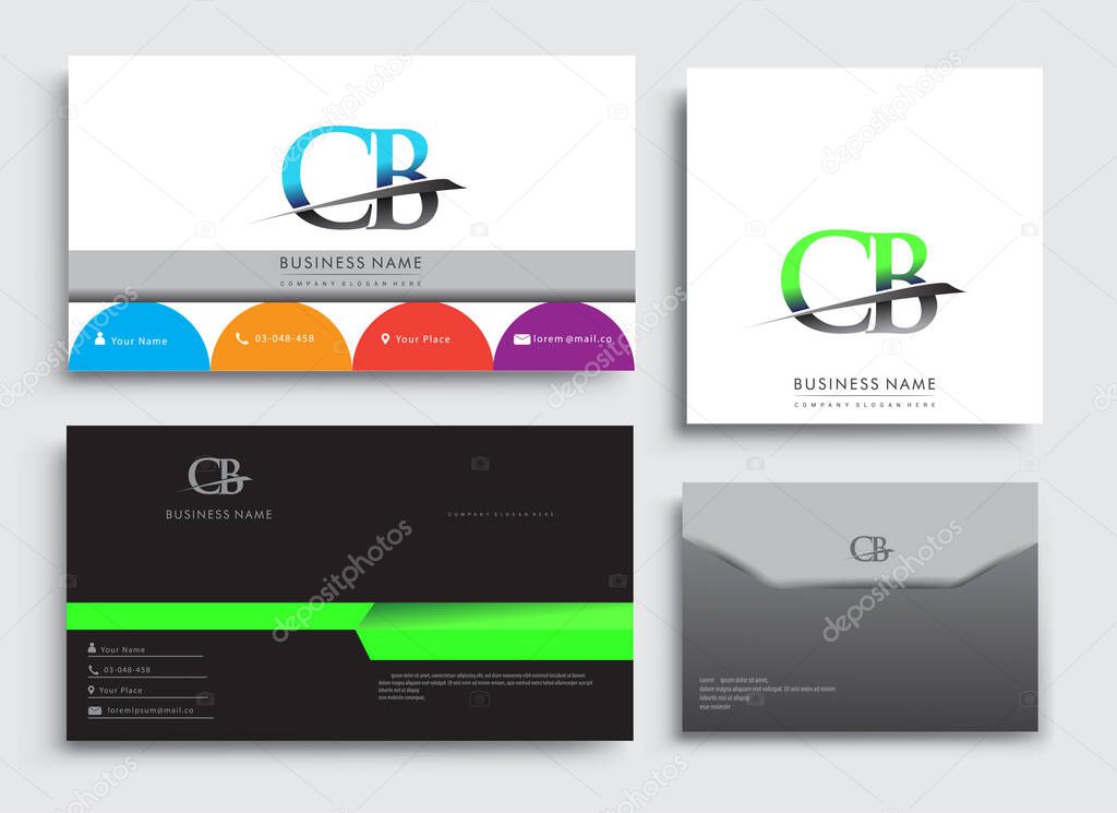 Clean and simple modern Business Card Template, with initial letter CB logotype company name colored blue and green swoosh design. Vector sets for business identity, Stationery Design.
