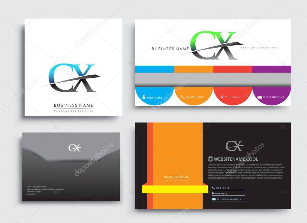 Clean and simple modern Business Card Template, with initial letter CX logotype company name colored blue and green swoosh design. Vector sets for business identity, Stationery Design.