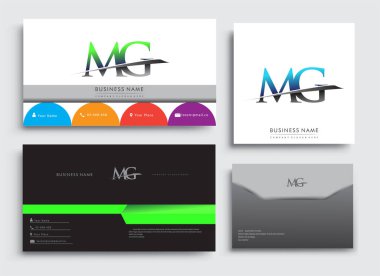 Temiz ve basit modern Business Card Şablonu, ilk harfi MG logotype şirketi olan mavi ve yeşil renkli Swoosh tasarımı. İş kimliği, Kırtasiye Tasarımı için vektör ayarları.