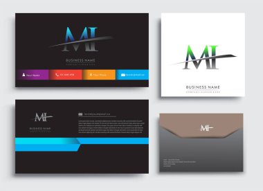 Temiz ve basit modern Business Card Şablonu, ilk harfi MI logotype olan şirket adı mavi ve yeşil renkli Swoosh tasarımı. İş kimliği, Kırtasiye Tasarımı için vektör ayarları.