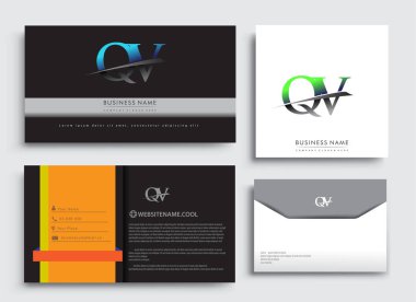 Temiz ve basit bir modern iş kartı şablonu, ilk harfi QV logotype şirket adı mavi ve yeşil renkli swoosh tasarımı. İş kimliği, Kırtasiye Tasarımı için vektör ayarları.