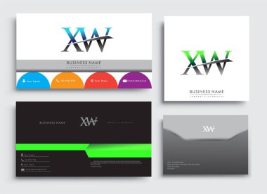 Temiz ve basit modern iş kartı şablonu, ilk harfi XW logotype şirketinin adı mavi ve yeşil renkli Swoosh tasarımı. İş kimliği, Kırtasiye Tasarımı için vektör ayarları.