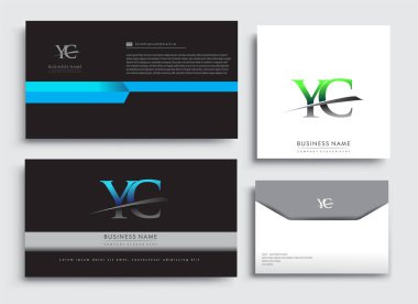 Temiz ve basit bir modern iş kartı şablonu, ilk harf YC logotype şirketi adı mavi ve yeşil renk swoosh tasarımı. İş kimliği, Kırtasiye Tasarımı için vektör ayarları.