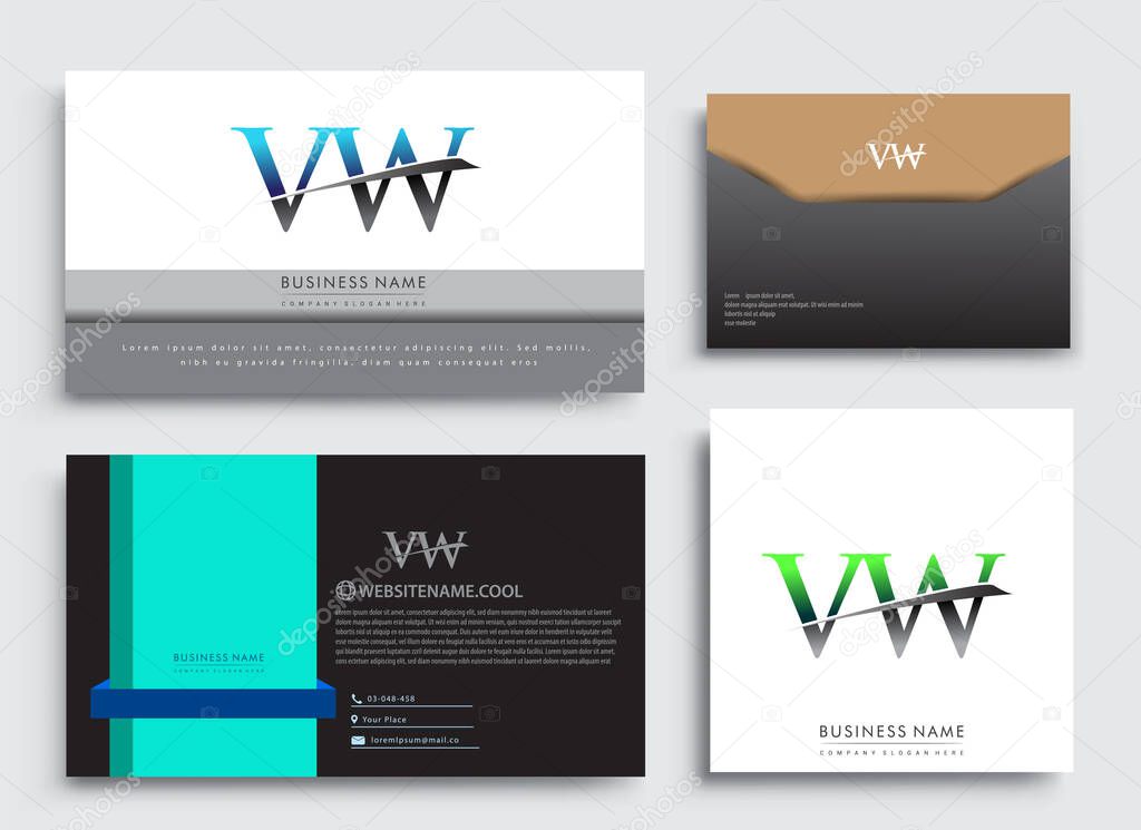 Clean and simple modern Business Card Template, with initial letter VW logotype company name colored blue and green swoosh design. Vector sets for business identity, Stationery Design.