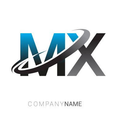 İlk harfi MX logotype şirketinin adı mavi ve gri renkli desenli. Ticari ve şirket kimliği için logo tasarımı.