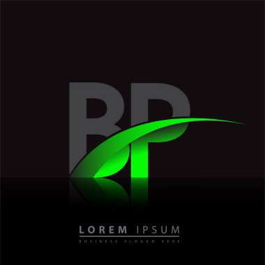 İlk harf BP logotype şirketi ismi yeşil ve siyah Swoosh tasarımı. iş ve şirket kimliği için vektör logosu.