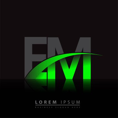 İlk harf EM logotype şirketi ismi yeşil ve siyah Swoosh tasarımı. iş ve şirket kimliği için vektör logosu.