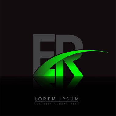 İlk harf ER logotype şirketi ismi yeşil ve siyah Swoosh tasarımı. iş ve şirket kimliği için vektör logosu.