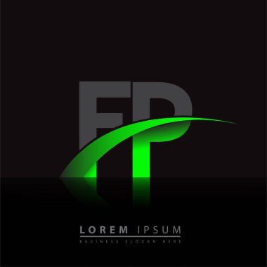 İlk harf FP logotype şirketi ismi yeşil ve siyah Swoosh tasarımı. iş ve şirket kimliği için vektör logosu.