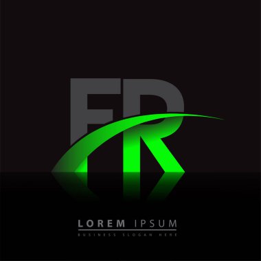 İlk harf FR logotype şirketi ismi yeşil ve siyah Swoosh tasarımı. iş ve şirket kimliği için vektör logosu.