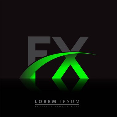 İlk harf FX logotype şirketi ismi yeşil ve siyah Swoosh tasarımı. iş ve şirket kimliği için vektör logosu.