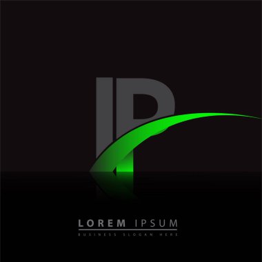 İlk harf IP logotype şirketi ismi yeşil ve siyah Swoosh tasarımı. iş ve şirket kimliği için vektör logosu.