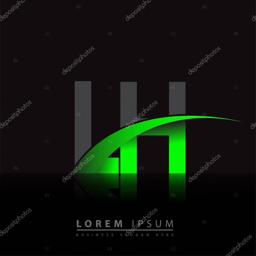 Initial letter LH logotype company name colored green and black swoosh design. vector logo for business and company identity.