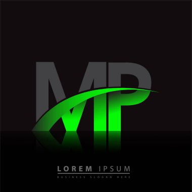 İlk harf MP logotype şirket adı yeşil ve siyah Swoosh tasarımı. iş ve şirket kimliği için vektör logosu.