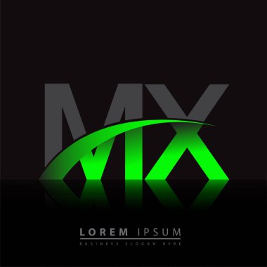 İlk harf MX logotype şirketi ismi yeşil ve siyah Swoosh tasarımı. iş ve şirket kimliği için vektör logosu.