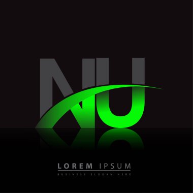 İlk harf NU logotype şirketi ismi yeşil ve siyah Swoosh tasarımı. iş ve şirket kimliği için vektör logosu.