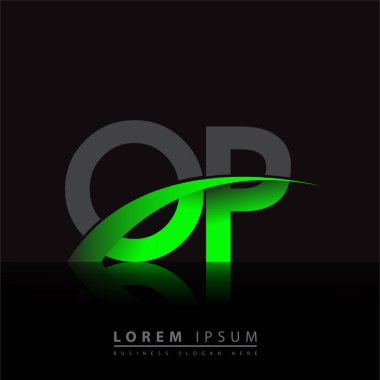 İlk harfi OP logotype şirketi. Renkli yeşil ve siyah Swoosh tasarımı. iş ve şirket kimliği için vektör logosu.