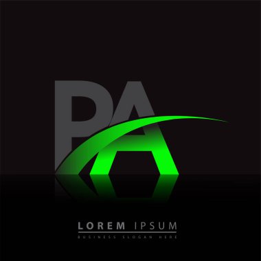 İlk harf PA logotype şirketi ismi yeşil ve siyah Swoosh tasarımı. iş ve şirket kimliği için vektör logosu.