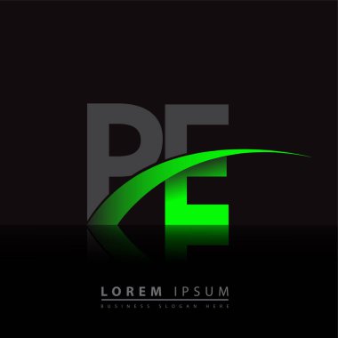 İlk harf PE logotype şirketi ismi yeşil ve siyah Swoosh tasarımı. iş ve şirket kimliği için vektör logosu.