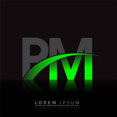 İlk harf PM logotype şirketi ismi yeşil ve siyah Swoosh tasarımı. iş ve şirket kimliği için vektör logosu.