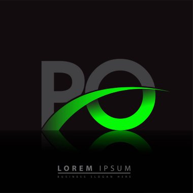 İlk harf PO logotype şirketi ismi yeşil ve siyah Swoosh tasarımı. iş ve şirket kimliği için vektör logosu.