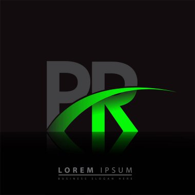 İlk harf PR logotype şirketi ismi yeşil ve siyah Swoosh tasarımı. iş ve şirket kimliği için vektör logosu.
