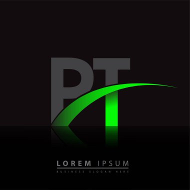 İlk harfi PT logotype şirketi. Renkli yeşil ve siyah Swoosh tasarımı. iş ve şirket kimliği için vektör logosu.