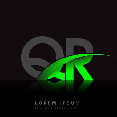 İlk harf QR logotype şirketi ismi yeşil ve siyah Swoosh tasarımı. iş ve şirket kimliği için vektör logosu.