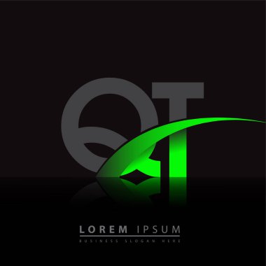 İlk harf QT logotype şirketi ismi yeşil ve siyah Swoosh tasarımı. iş ve şirket kimliği için vektör logosu.