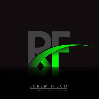 İlk harf RF logotype şirketi ismi yeşil ve siyah Swoosh tasarımı. iş ve şirket kimliği için vektör logosu.