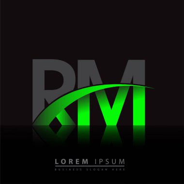 İlk harf RM logotype şirketi ismi yeşil ve siyah Swoosh tasarımı. iş ve şirket kimliği için vektör logosu.