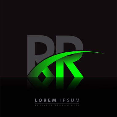 İlk harf RR logotype şirketi ismi yeşil ve siyah Swoosh tasarımı. iş ve şirket kimliği için vektör logosu.