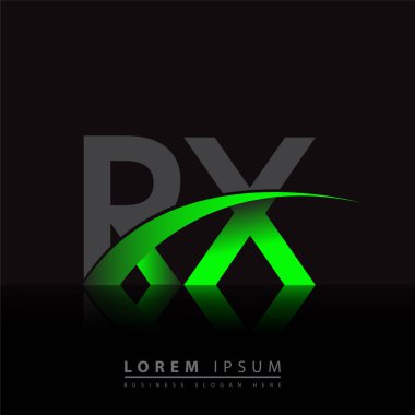 İlk harf RX logotype şirketi ismi yeşil ve siyah Swoosh tasarımı. iş ve şirket kimliği için vektör logosu.