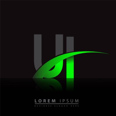 İlk harf UI logotype şirketi ismi yeşil ve siyah Swoosh tasarımı. iş ve şirket kimliği için vektör logosu.