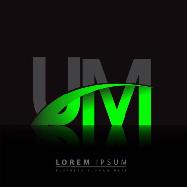 İlk harf UM logotype şirketi ismi yeşil ve siyah Swoosh tasarımı. iş ve şirket kimliği için vektör logosu.