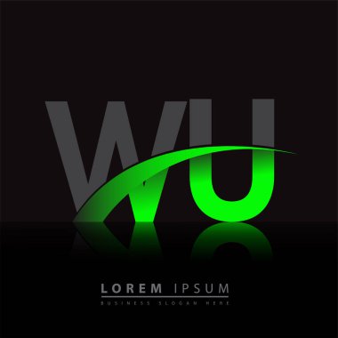 İlk harfi WU logotype şirketi. Renkli yeşil ve siyah Swoosh tasarımı. iş ve şirket kimliği için vektör logosu.