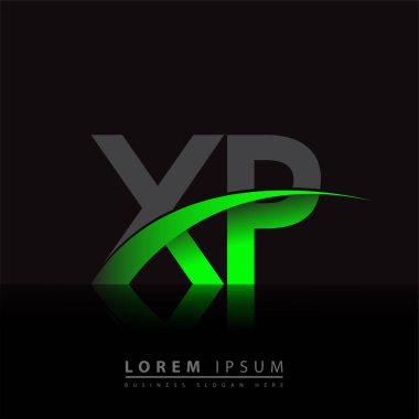 İlk harf XP logotype şirketi ismi yeşil ve siyah Swoosh tasarımı. iş ve şirket kimliği için vektör logosu.