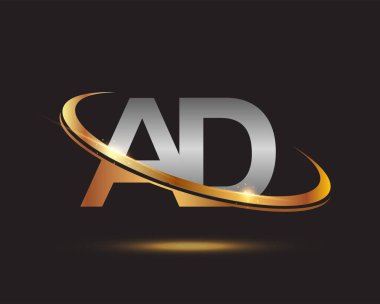 İlk harf AD logotype şirketi. Renkli altın ve gümüş rengi desenli. Siyah arkaplanda izole.
