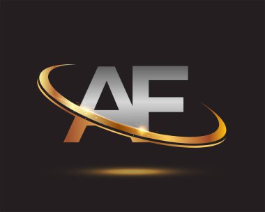 İlk harfi AF logotype şirketi. Renkli altın ve gümüş rengi desenli. Siyah arkaplanda izole.