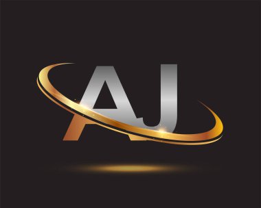 İlk harfi AJ logotype şirketi. Renkli altın ve gümüş rengi desenli. Siyah arkaplanda izole.