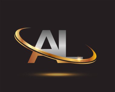 İlk harfi AL logotype şirketi. Renkli altın ve gümüş rengi desenli. Siyah arkaplanda izole.