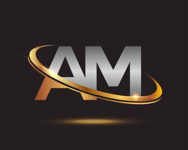 İlk harfi AM logotype şirketi. Renkli altın ve gümüş rengi desenli. Siyah arkaplanda izole.