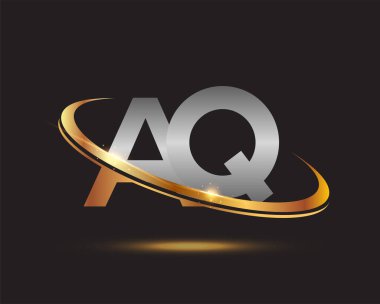 İlk harfi AQ logotype şirketi. Renkli altın ve gümüş rengi desenli. Siyah arkaplanda izole.