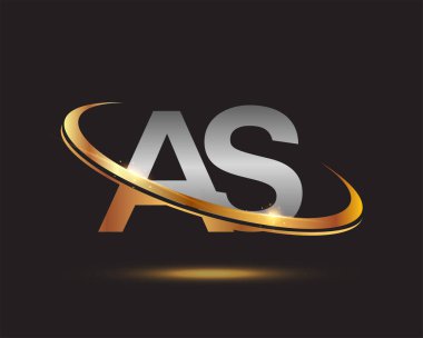 İlk harfi AS logotype şirketi. Renkli altın ve gümüş rengi desenli. Siyah arkaplanda izole.
