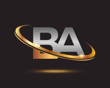 İlk harf BA logotype şirketinin adı altın ve gümüş rengi. Siyah arkaplanda izole.