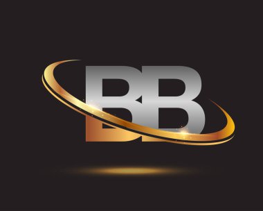İlk harfi BB logotype şirketi. Renkli altın ve gümüş rengi desenli. Siyah arkaplanda izole.