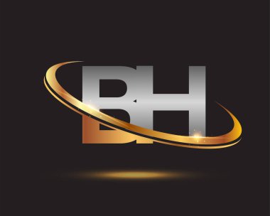 İlk harfi BH logotype şirketi. Renkli altın ve gümüş rengi desenli. Siyah arkaplanda izole.